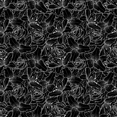 Beautiful seamless background with black and white lily and roses . Hand-drawn contour lines and strokes. background for design for greeting card and invitation of the wedding, birthday, Valentine's Day, mother's day and other seasonal holidayのイラスト素材