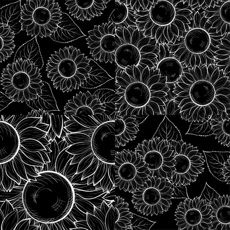 set of beautiful monochrome black and white seamless background with sunflowers. Hand-drawn contour lines and strokes. design for greeting card and invitation of the wedding, birthday, Valentine's Day, mother's day and other seasonal holiday.のイラスト素材
