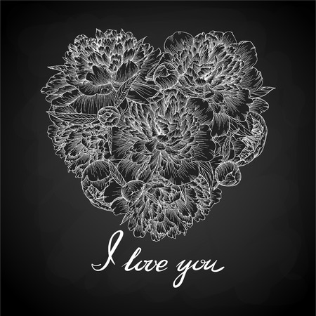 Beautiful monochrome black and white heart decorated by flowers peony. I love you. for greeting cards and invitations of wedding, birthday, Valentine's Day, mother's day and other seasonal holidayのイラスト素材