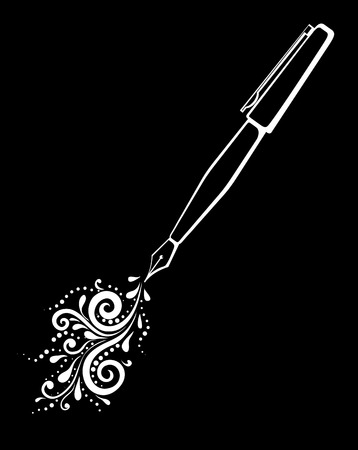 beautiful monochrome black and white outline of an ink pen with a painted floral design of curves and curls isolated.  Floral design for greeting card and invitation of wedding, birthday, Valentine's Day, mother's day and seasonal holiday