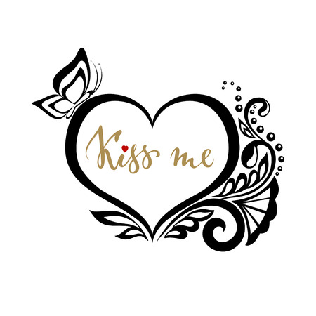 kiss me Hand drawn calligraphy and brush pen lettering with silhouette heart of lace flowers. design for holiday greeting card and invitation of the wedding, Valentine's day and Happy love day. I love you.のイラスト素材