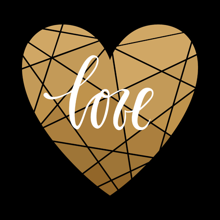 I love you Hand drawn calligraphy and brush pen lettering with gold heart on black.のイラスト素材