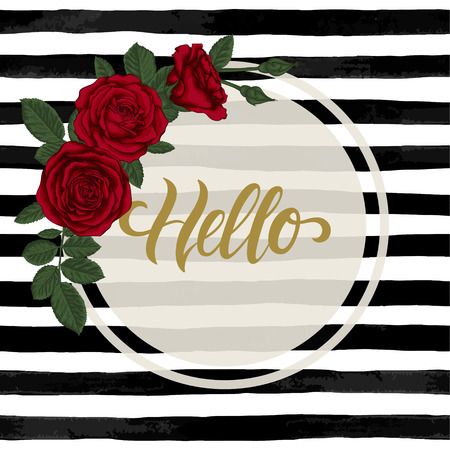 black and white watercolor striped background with Hand drawn lettering hello. design holiday greeting card and invitation of wedding, Happy mother day, birthday, Valentine's day and seasonal holidayのイラスト素材