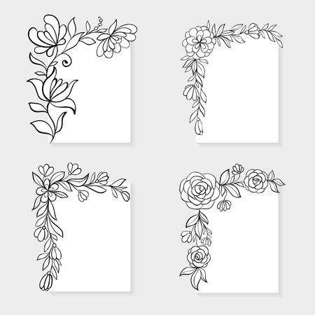 Set of black and white hand drawn corner floral borders.のイラスト素材