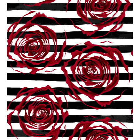 Beautiful seamless pattern outline of red roses on striped black and white background. Greeting card and invitationのイラスト素材