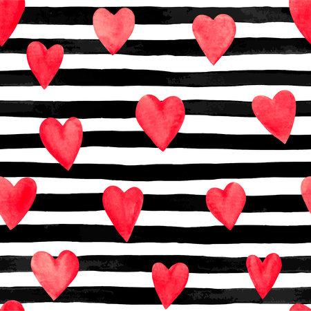 Beautiful seamless background. red watercolor hearts on horizontal ink black and white stripes. design greeting card and invitation of the wedding, birthday, Valentine s Day, mother s day and holidayのイラスト素材