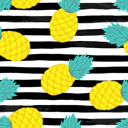 Seamless background with pineapple on black and white watercolor stripes . design for holiday greeting card and invitation of seasonal summer holidays, summer beach parties, tourism and travelのイラスト素材