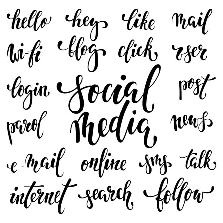 big set of handwritten words symbolizing social media and Internet activities. Beautiful font written in black brush isolated on white background.のイラスト素材