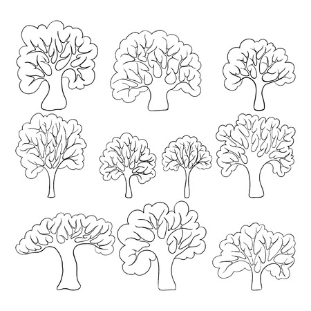 Beautiful black and white set of hand drawn doodle trees Isolated sketch for design background greeting cards and invitation to the wedding, birthday, mother s day and other seasonal autumn holidays.のイラスト素材