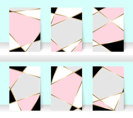 Pastel abstract pattern background with golden line, for business brochure cover design. Pink, white, grey, black and gold vector banner poster template. Scandinavian style greeting card.のイラスト素材