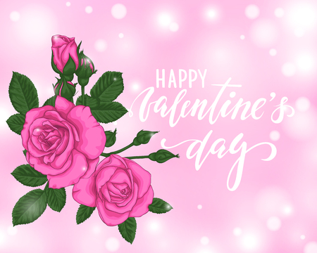 Beautiful pink roses with bokeh background. Happy Valentines day. Hand drawn brush pen lettering. design greeting card and invitation of the wedding, birthday, Valentine s Day, mother s day, holiday.のイラスト素材