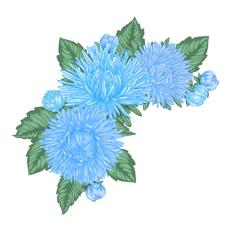 beautiful bouquet with blue asters and leaves. Floral arrangement. design greeting card and invitation of the wedding, birthday, Valentine s Day, mother s day and other holiday.のイラスト素材