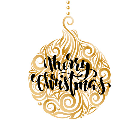 Hanging Christmas ball with a floral swirl. Hand drawn calligraphy Merry Christmas lettering. design holiday greeting cards and invitations of Merry Christmas and Happy New Year and seasonal holidaysのイラスト素材