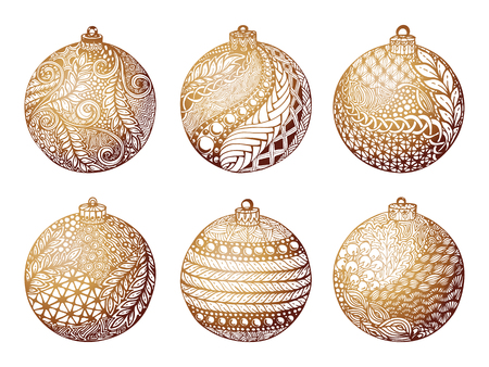 Set of gold christmas ball, hand-drawn. design for background holiday greeting cards and invitations of the Merry Christmas, Happy New Year and seasonal holidays, banners, logo and seasonal holidays.のイラスト素材