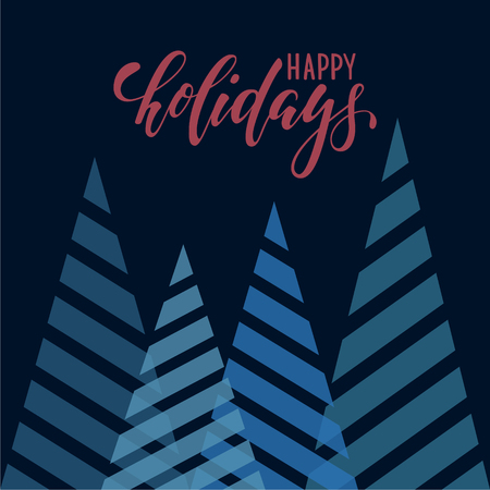 Vintage triangular stylized Christmas trees. Hand drawn calligraphy happy holidays lettering. design holiday greeting cards and invitations of Merry Christmas and Happy New Year and seasonal holidaysのイラスト素材