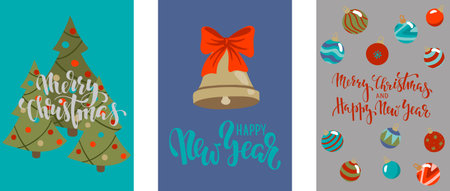 Set of Christmas and Happy New Year greeting cards with calligraphy and hand drawn elements. design holiday greeting cards and invitations of the Merry Christmas and Happy New Year, winter holidays.のイラスト素材