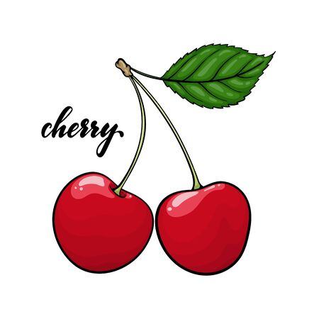 Beautiful cartoon red cherry with lettering text cherry. design for holiday greeting card and invitation of seasonal summer holidays, beach parties, tourism and travelのイラスト素材