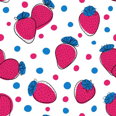 Beautiful seamless pattern cartoon black and white outline strawberry, pink and blue dots. design holiday greeting card and invitation of seasonal summer holidays, beach parties, tourism and travel.のイラスト素材