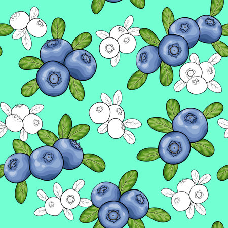 seamless pattern berry blueberry with leaves, contour outline, symbol of summer. design holiday greeting card and invitation of seasonal summer holidays, beach parties, tourism and travel.のイラスト素材