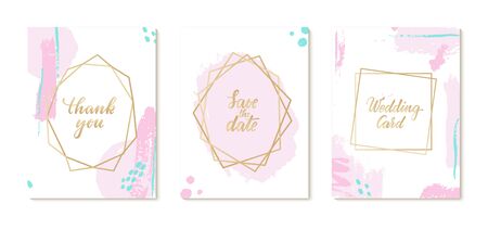 set of Luxury Wedding invitation card with gold geometric polygonal frame, brush stroke pastel colors. design greeting card of wedding, birthday, Valentine Day, mother day, anniversary, holiday party.のイラスト素材