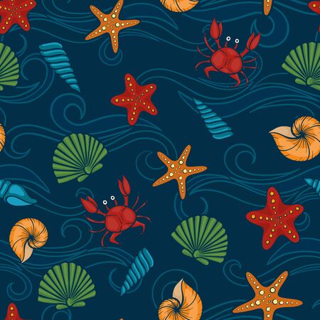Seashell seamless pattern. design for holiday kids clothes, greeting card and invitation of seasonal summer holidays, summer beach parties, tourism and travel.のイラスト素材