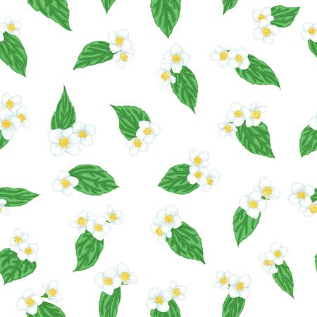 semless pattern branch flower jasmine with green leaves cartoon watercolour style isolated on white background. Hand-draw branch flowers. Design greeting card and invitation. Vector illustration.のイラスト素材