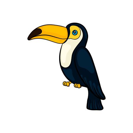 Hand drawn cute cartoon toucan seating, colorful sketch style vector illustration isolated on white background. Hand drawing tucan cute summer symbol.のイラスト素材