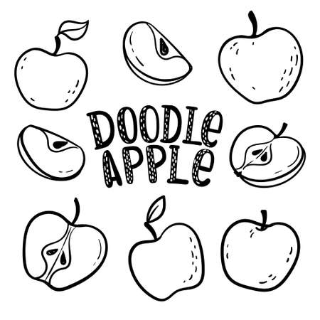 Set of Black and white apples with stem and leaf. Healthy vegetarian food. Cartoon comics style with contour. Decoration for greeting cards, posters, patches, prints for clothes, emblems.のイラスト素材