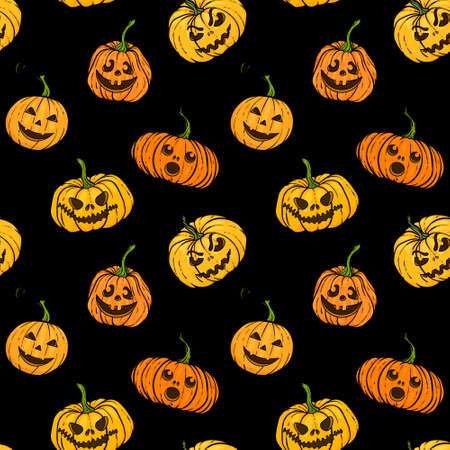 Halloween pumpkin. seamless pattern of Orange pumpkins with carving scary smiling cute glowing faces. design for holiday greeting card and invitation, flyers, posters, banner halloween party holiday.のイラスト素材