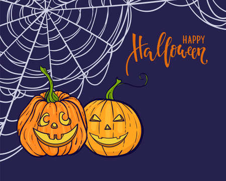 Halloween background. Happy halloween calligraphy lettering Cobweb, Orange pumpkins illustration. design holiday greeting card and invitation, flyers, posters, banner halloween party holiday.のイラスト素材