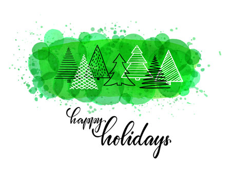 happy holidays Hand drawn brush pen lettering. Green watercolor splash effect background and doodle christmas tree. design holiday greeting card and invitation of Merry Christmas and happy new year.のイラスト素材