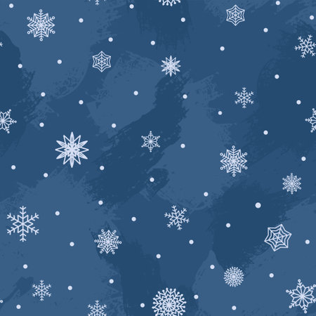 Seamless pattern hand drawn white snow flakes on blue, simple winter background. design for holiday greeting cards and invitations of the Merry Christmas and Happy New Year, winter holidays.のイラスト素材