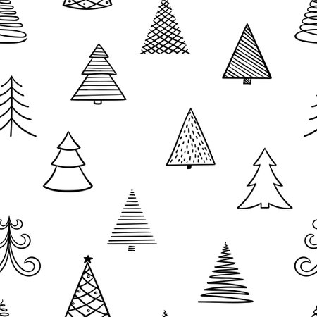 Seamless pattern of hand drawn Doodle Sketch Christmas tree. design holiday greeting cards and invitations of the Merry Christmas and Happy New Year, seasonal winter holidays.のイラスト素材