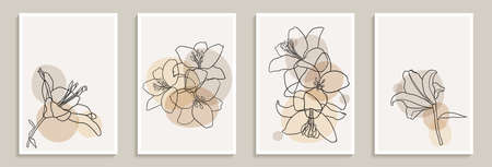 Set of creative minimalist hand draw illustrations floral outline lily pastel biege simple shape for wall decoration, postcard or brochure cover design.のイラスト素材