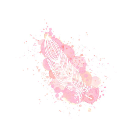 outline feather on watercolor pink effect background. Nude rose brush strokes, drop and splash with doodle feather contour. Design for invitation, card, sale, fashion, wedding. Vector illustration.のイラスト素材