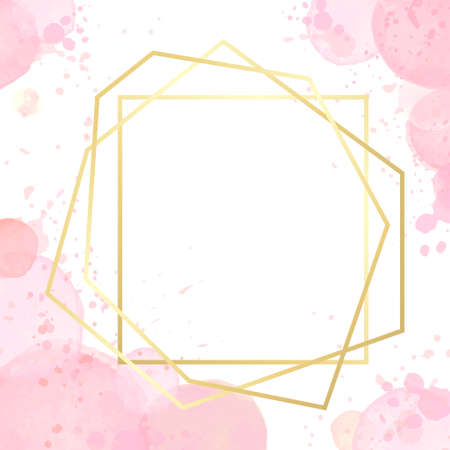 Golden modern frame with a watercolor effect background. Nude rose brush strokes. Gold round contour frame. Golden luxury line border for invitation, card, sale, fashion, wedding. Vector illustration.のイラスト素材