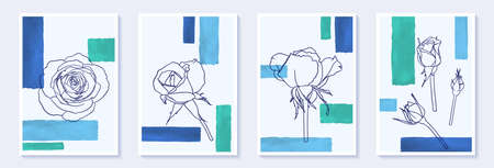 Set of creative minimalist hand draw illustrations flower rosse outline and blue color simple geometric watercolor brush stroke shape. design wall decoration, postcard, brochure cover design, poster.のイラスト素材
