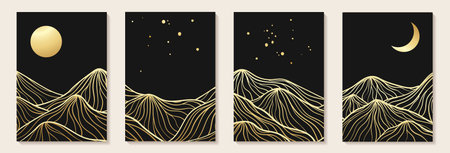 Abstract art mountain black and golden line-art modern style graphic background. Abstract geometric background. line art landscape Design for wall decoration, postcard or brochure cover designのイラスト素材