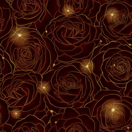 Golden flowers rose seamless pattern line gold in retro style on black background. Vintage vector illustration. Abstract modern line background. Seamless pattern Modern design, graphic texture.のイラスト素材