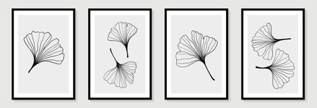 Set of creative minimalist hand draw illustrations floral outline ginkgo biloba leaves linear black and white background. for wall decoration, postcard or brochure cover design.のイラスト素材