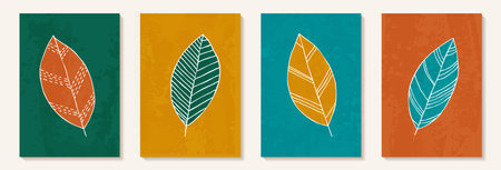 Creative minimalist hand draw Abstract art background. Modern aesthetic illustrations. doodle style linear leaves. Contemporary artistic Design for wall decoration, postcard, poster, brochure.のイラスト素材