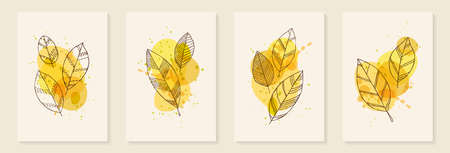 Abstract art autumn watercolor orange and yellow background with doodle leaves. design background greeting cards and invitations seasonal autumn, fall holidays.のイラスト素材