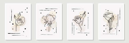 Creative minimalist hand painted Abstract art background with watercolor circle stain and stroke and Hand Drawn doodle rose outline. Design for wall decoration, postcard, poster or brochure.のイラスト素材