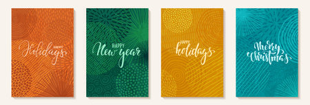happy holidays Hand drawn brush pen lettering text on doodle background with scribble circles....