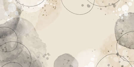 Abstract biege nude watercolor circle stains with black lines and watercolor brush stroke. Earth tone blue, pink, ivory, beige watercolor Illustration for prints, wall art, cover, banner background.のイラスト素材