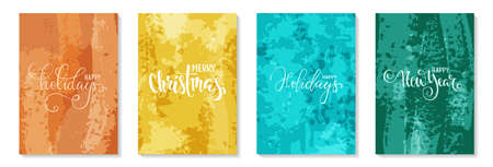 happy holidays Hand drawn brush pen lettering text on brush stroke painting background with watercolor stain. design happy holidays greeting card and invitation of Merry Christmas and happy new yearのイラスト素材