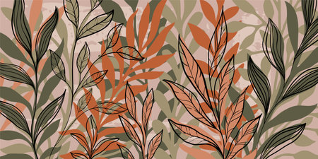 Abstract art vintage colors tropical line art leaves background vector. Wallpaper design with leaves shape and scribble doodle linear leaf. vintage botanical patternのイラスト素材
