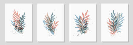 Botanical wall art vector set. Tropical Foliage line art drawing with abstract shape. Abstract Plant Art design for print, cover, wallpaper, Minimal and natural wall art decoration, poster, brochure.のイラスト素材