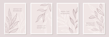 Creative minimalist Abstract art background with leaves branch and Hand Drawn doodle Scribble floral plants. abstract leaf. Design for wall decoration, postcard, poster or brochureのイラスト素材