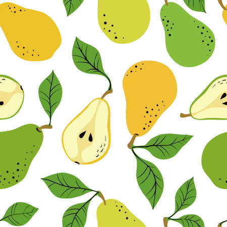Seamless pattern with yellow and green pears and pear slices. Hand drawn pears pattern on white background. for fabric, drawing labels, print, wallpaper of children's room, fruits backgroundのイラスト素材
